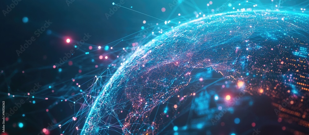Poster digital grid network spanning the globe with innovative technology concepts abstract 3d rendering of