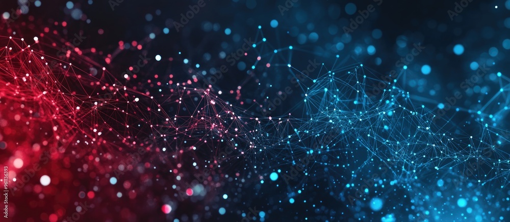 Poster artistic illustration of a blockchain network set against a dark abstract background with red and bl