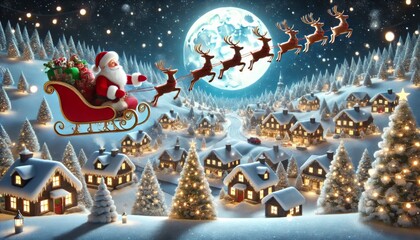 Santa Claus flying in sleigh with reindeer over snow-covered village at night with full moon in the background.