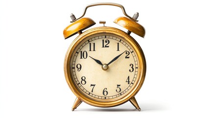 Vintage gold alarm clock isolated on a white background.