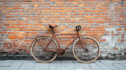  A rusty vintage bicycle parked against a brick wall. © BozStock