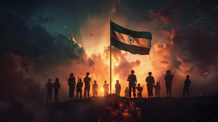A cinematic shot of soldiers with the flag and weapons, showcasing strength and unity in front of the Indian flag flying high above them.