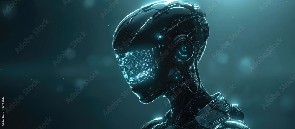 Poster 3d rendering of a humanoid robot with an ai hologram interface showcased in front