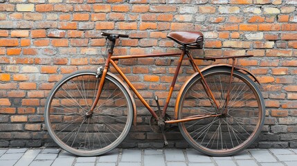An old, rusty bicycle leaning against a brick wall.