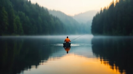 A fisherman casting a line into a peaceful lake surrounded by forest
