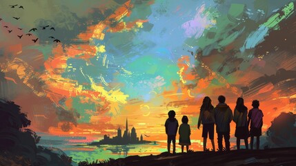 A group of people stand together facing the skyline of a city in the distance, in the vector illustration style with brush strokes.