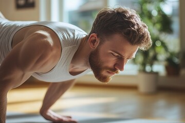 Fototapeta premium Man practicing push-ups with focus and determination