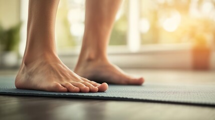 Bare feet on yoga mat, warm sunlight, wellness concept