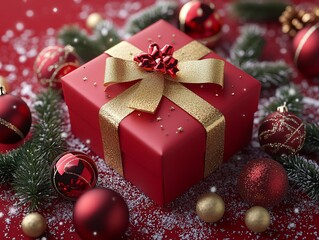 A festive red gift box adorned with a gold ribbon, surrounded by ornaments and greenery.