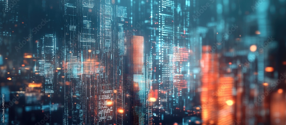 Poster holographic data representation on a blurred cityscape illustrating concepts of big data and blockch