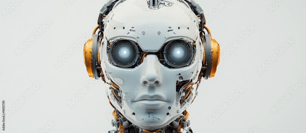 Poster a robotic android head connected to various technological components featuring a single visor