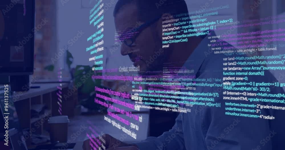 Poster programming code animation over person working on computer in office