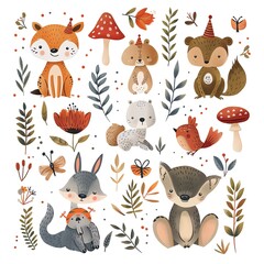 Naklejka premium Cute watercolor woodland animals with party hats and floral elements on white background.