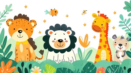 Fototapeta premium Cute cartoon animals like lion, giraffe and koala in jungle illustration.
