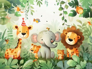 Naklejka premium Cute cartoon animals in a jungle setting.