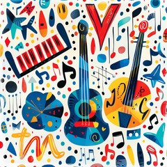 Obraz premium Colorful music pattern with guitar, violin, notes, and other instruments.