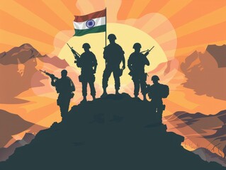 A group of soldiers in uniform stand on top of a mountain holding an Indian flag sunset behind them on the sky.