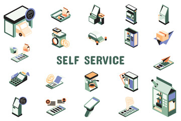 Self Service Flat Vector Illustration Icon Sticker Set Design Materials