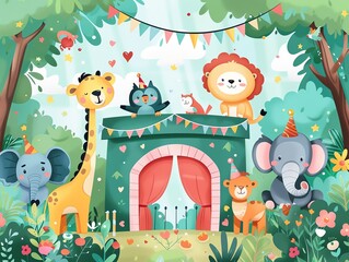 Obraz premium Cute cartoon animals celebrating a birthday with festive decorations.