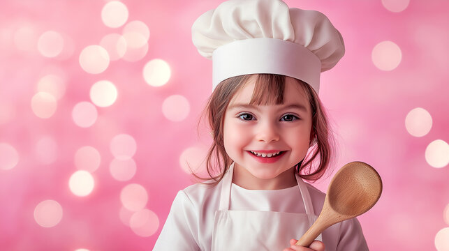 Portrait of a Happy cute little chef smiling girl holding a ladel in the studio with pastel pink bokeh background