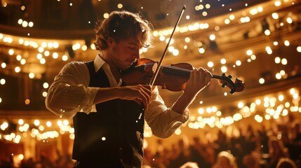 Fototapeta premium guy with side part hair wearing a vest is playing the violin in the theater