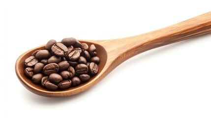 Obraz premium Roasted coffee beans in a wooden spoon.