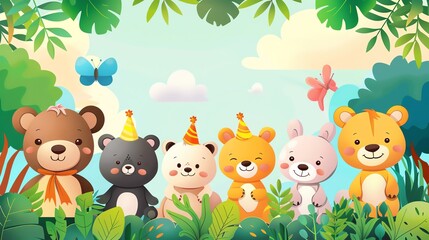 Cute cartoon animals wearing party hats in a jungle setting.