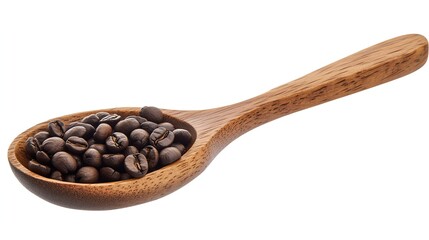 Obraz premium Close-up of roasted coffee beans in a wooden spoon.