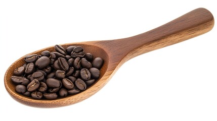 Obraz premium Close-up of roasted coffee beans in a wooden spoon.