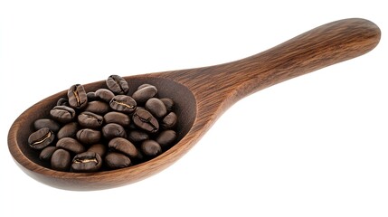 Obraz premium A wooden spoon filled with roasted coffee beans isolated on a white background.