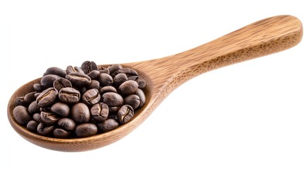 Obraz premium Wooden spoon filled with roasted coffee beans.