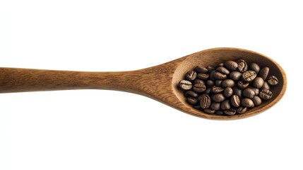 Obraz premium Close-up of roasted coffee beans in a wooden spoon.
