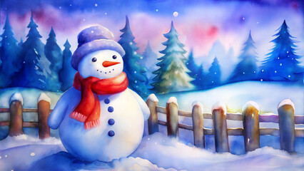 Fototapeta premium Watercolor cheerful snowman with a scarf in a snowy landscape during winter