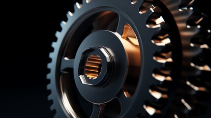 A close-up of a shiny metal gear with intricate details.