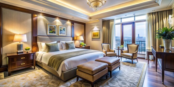 Luxurious hotel bedroom with elegant decor and plush bedding, luxury, hotel, bedroom, elegant, decor, plush, bedding