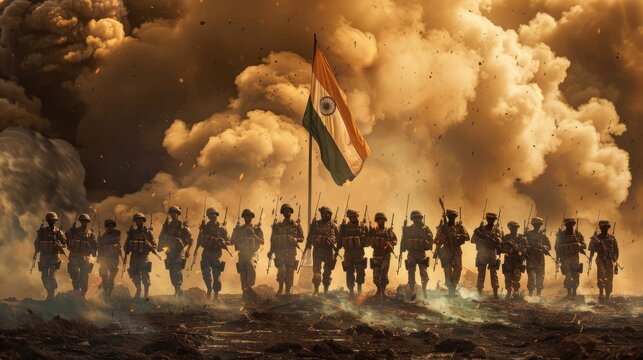 A cinematic shot of soldiers with the flag and weapons, showcasing strength and unity in front of the Indian flag flying high above them.