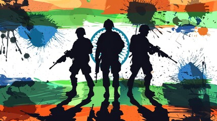 Obraz premium A group of soldiers running, holding guns in their hands and wearing headscarves on a white background with an abstract representation of India's flag.
