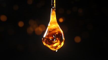 Close up of a single drop of golden liquid hanging from a surface.