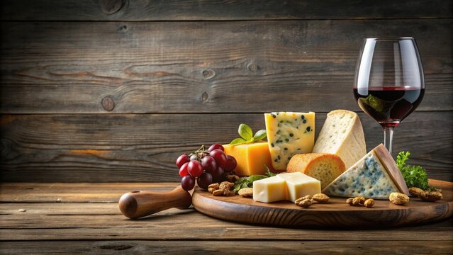 Red wine and cheese pairing with assorted cheeses on wooden board, Rotwein, K?se, Wein, Holztisch, Party, Vorspeise, Genuss