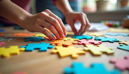 Fototapeta premium Person's Hands Placing a Colorful Puzzle Piece