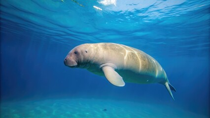 Obraz premium Dugong swimming gracefully underwater in the deep blue sea, marine mammal, sea cow
