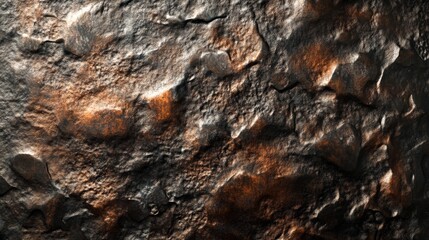 Close-up of a textured, rugged dark rock surface with hints of brown and orange hues; natural geological background.
