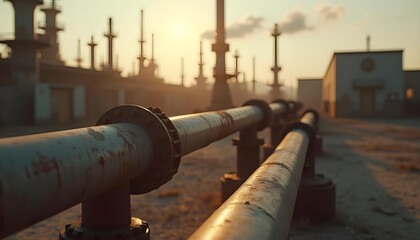 Closeup of Industrial Pipes Against a Silhouetted Factory and Sunset Sky