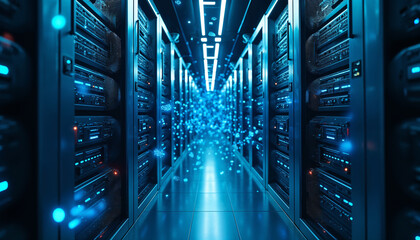 Server Room With Blue Lights And Data Flowing Through The Center