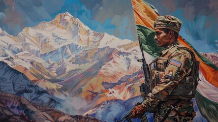 A photo of a soldier in front, wearing camouflage and holding a weapon with the flag of India flying behind him. The background is mountains.