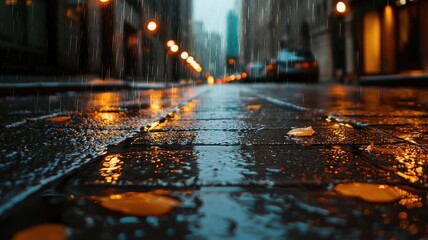 A rainy street scene captures vibrant reflections on wet pavement, illuminated by city lights in an urban environment.