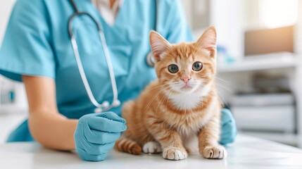 A veterinarian examining a cute orange kitten in a clinic, showcasing care and compassion in pet healthcare.