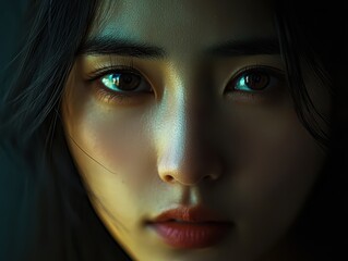 Emotional closeup of an Asian woman s face, intense expression of empathy, background fading into soft light, dramatic portrait
