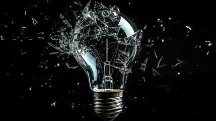 A broken lightbulb with shards of glass flying outwards, isolated on a black background.