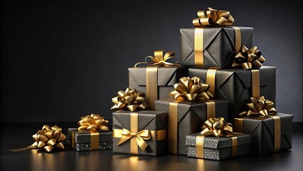 A luxurious pile of black and gold presents with ribbons and bows on black background